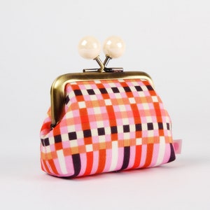 Metal frame coin purse with color bobbles - Gingham in flamingo - Color mum / Ruby Star Society / Kim Kight / Kisslock fabric wallet