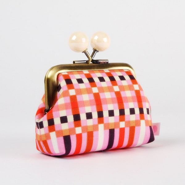 Metal frame coin purse with color bobbles - Gingham in flamingo - Color mum / Ruby Star Society / Kim Kight / Kisslock fabric wallet