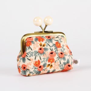 Metal frame coin purse with color bobbles - Rosa peach - Color mum / japanese fabric / Kisslock pouch / Rifle Paper