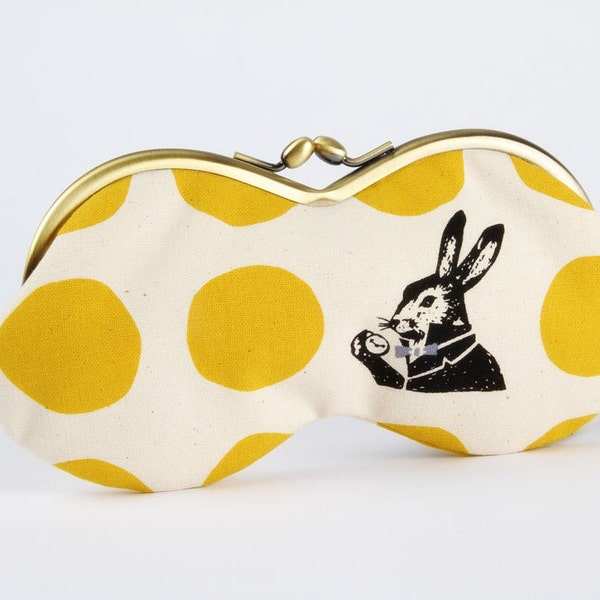 Metal frame purse - White rabbit on yellow dots - Peanut / eyeglasses case / fabric sleeve for glasses / Alice in Wonderland / black grey