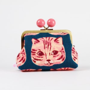 Portefeuille double à fermoir rétro et boules colorées - Meow meow en bleu galaxie - Big pop-up / Trousse d'inspiration vintage