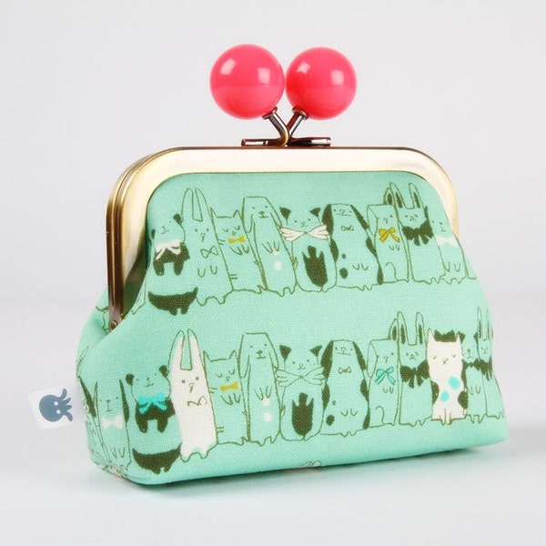 Metal frame coin purse with color bobble - Harajuku in aqua - Color dad / Cotton and Steel / Wattsalot / Neon pink white mint green / pets