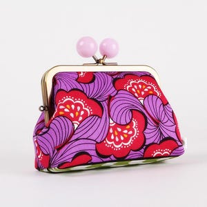 Kiss lock fabric wallet with color bobble - Japanese flowers in purple and pink - Big pop-up / Double metal frame purse / Two sections
