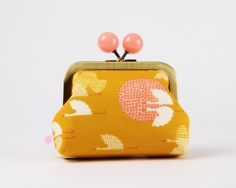 Metal frame coin purse with color bobble - Cranes in yellow - Color dad / Kisslock fabric wallet / Rashida Coleman / white birds pink red