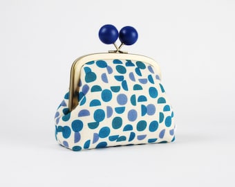 Metal frame clutch bag - Shades in blue - Color wooden bobble purse /  Kisslock cosmetic case / Clasp fabric pouch / Ellen Baker