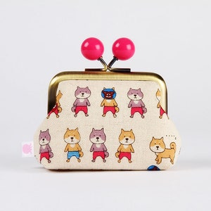 Metal frame coin purse with color bobbles - Shiba luchadores  - Color mum / Japanese fabric / Kiss lock wallet / cute dogs pink red grey