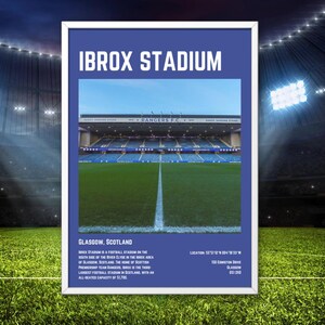 May include: Framed poster of Ibrox Stadium in Glasgow, Scotland, home of Rangers F.C. The image shows the green football pitch with white lines, blue seating, and the stadium's name in white text. Includes location and address.