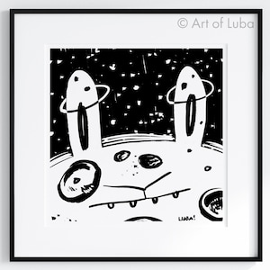 MOON BUNNY Cute Rabbit Illustration, B&W, Bunny Cartoon Art, Bunny on the Moon Art Print