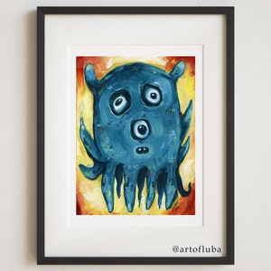 Puede incluir: Una pintura azul y amarilla de un monstruo de dibujos animados con tres ojos y múltiples tentáculos. El monstruo está sobre un fondo amarillo con acentos rojos y naranjas. La pintura está enmarcada en negro.