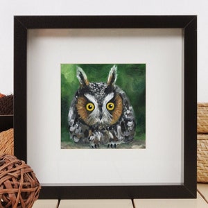 Búho de orejas largas 5x5 lindo pequeño cuadrado arte impresión, arte de vida silvestre de la habitación del niño, impresión de arte de búho pequeño para la habitación del bebé