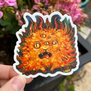 Sticker démon chat de feu - 3 x 3 chat orange boule de feu - Sticker en vinyle chaton mignon pour ordinateurs portables, bouteilles d'eau, carnets de croquis - oeuvre d'art originale