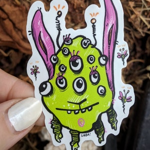 GREEN BUNNY Monster 2x3 Vinyl Sticker, Weird Monster Sticker, Green Alien Eyes
