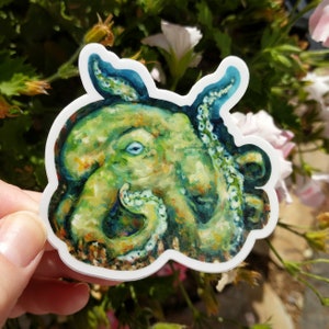Sticker corail - 3 x 3 pieuvre corail - Sticker océan océan surréaliste en vinyle pour ordinateurs portables, journaux, bouteilles d'eau - Design artistique original
