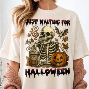 Just Waiting For Halloween Shirt Funny Skeleton Halloween T-shirt Funny Floating Skeleton Pumpkin Shirt Cute Spooky For Her Halloween Outfit