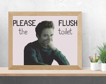 Puede incluir: Una impresión enmarcada con un hombre con un suéter verde mirando hacia abajo. El texto en la impresión dice "PLEASE the toilet FLUSH".
