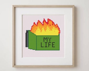 Mülltonne ""My Life"" lustiger Kreuzstich."
