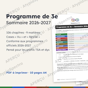 Op de afbeelding: Een printbaar A4 PDF-document getiteld Programme de 3e Sommaire 2026-2027 van AtypiaSpectra. Het bevat een tabel met 9 schoolvakken, hoofdstukaantallen, kleurgecodeerde rijen en selectievakjes voor het bijhouden van de voortgang.