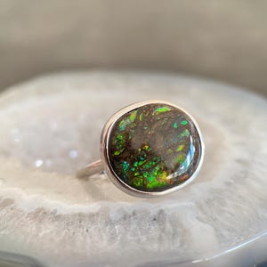 Ammolite Silver Adjustable Ring, Oval shape Sterling Silver Ring W/High Quality Natural Ammolite Crystal, Rings, Stone Rings, Gemstone Rings