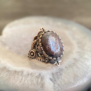 Anillo ajustable de plata esterlina con forma ovalada y piedra solar negra de heliolita natural de alta calidad, anillos, anillos de piedra, anillos de piedras preciosas