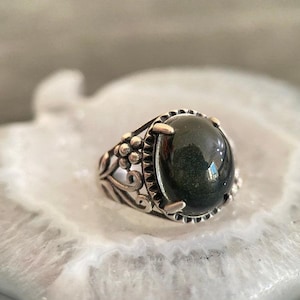 Dark Green Garden Quartz Silver Adjustable Ring, Sterling Silver Ring W/High Quality Natural Green Garden Quartz Crystal Ring, Gemstone Ring