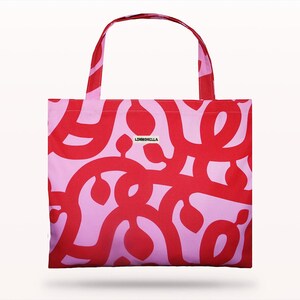 Zeer grote tote bag in roze en rode stof, Barbie-stijl katoenen canvas