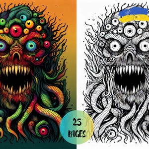 Unique scary monsters - detailed 25 coloring pages for horror enthusiasts, Instant Download PDF Printable Fictional Creatures