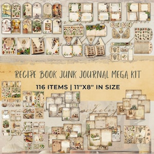 Kit de diário de receitas vintage Junk Journal – 116 páginas imprimíveis para scrapbooking, diário, artesanato DIY e livros de receitas com designs de ervas de cozinha