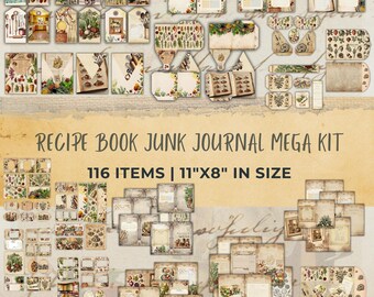 Vintage Recipe Book Junk Journal Kit – 116 Printable Pages for Scrapbooking, Journaling, DIY Crafts & Recipe Books with Kitchen Herb Designs
