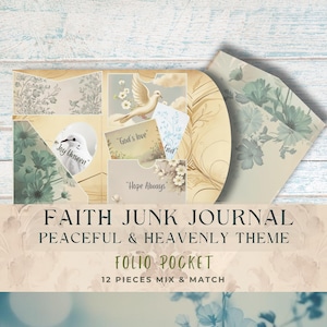 May include: A set of 12 decorative paper pockets with a peaceful and heavenly theme. The pockets feature images of doves, flowers, and inspirational quotes like "God's love" and "Hope Always". The pockets are designed for use in a junk journal or other craft projects.  The text on the front of the package reads "Faith Junk Journal Peaceful & Heavenly Theme Folio Pocket 12 Pieces Mix & Match".