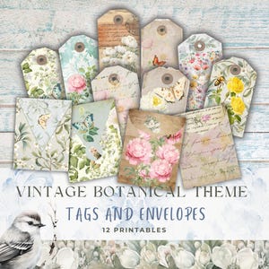 Vintage Botanical Theme Junk Journal Supplies – Mini Envelope Set & Tags, Classic Botanical Prints, Floral Ephemera for Craft,  Scrapbooking