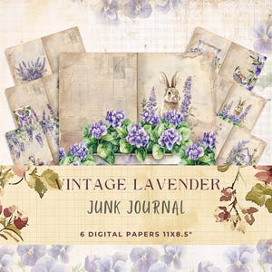 Vintage Lavender Junk Journal Pages Digital Download | Floral Printable Ephemera Kit | 6 Sheets Cottagecore Crafting Paper | Printable Paper
