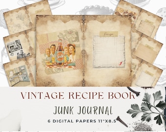 Vintage Recipe Book Junk Journal Pages, Printable Recipe Paper, Retro Kitchen Cookbook, Digital Scrapbook Kit, DIY Food Journal Pages