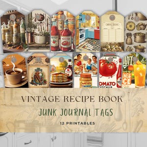 Etiquetas para diario basura con recetas antiguas: efímeras imprimibles de cocina retro para álbumes de recortes, manualidades, collages y diarios de recetas
