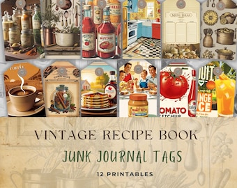 Vintage Recipe Book Junk Journal Tags - Retro Kitchen Printable Ephemera for Scrapbooking, DIY Crafts, Collage, Recipe Journals