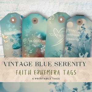 Blauwe sereniteit-thema junk Journal-tags, vintage bloemen in zachte blauwe kleur, Faith Ephemera-tags, benodigdheden voor scrapbooking, decoratieset