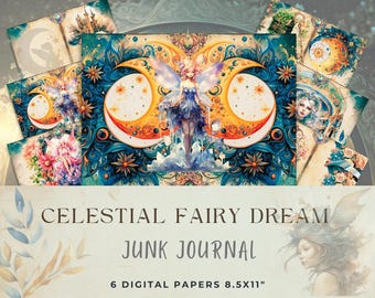 Celestial Fairy Dream Junk Journal Pages, Enchanted Digital Paper Set, Fantasy Scrapbook Ephemera, Moon and Stars Fairy Art Printable Decor