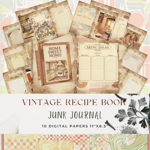 Vintage Recipe Book Junk Journal Pages - Printable Retro Kitchen Ephemera for Scrapbooking, DIY Crafts, Recipe Planners, Collage