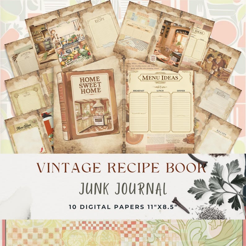 Vintage Recipe Book Junk Journal Pages - Printable Retro Kitchen ...