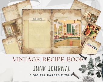Vintage Recipe Book Junk Journal Pages - Digital Kitchen Ephemera for Scrapbooking, Collage, Recipe Cards, DIY Craft Projects