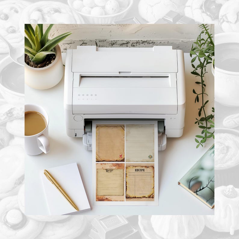 May include: A white printer with a sheet of paper coming out of it. The paper has four vintage-style recipe cards printed on it. The cards have lines for writing down ingredients and instructions. The printer is on a white table with a cup of coffee, a pen, and a notepad.