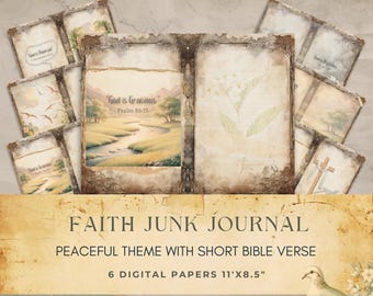 Faith Junk Journal mit friedlichem Thema, kurzen Bibelversen, Vintage Christian Digital Papers, druckbare Schriftseiten für Journaling