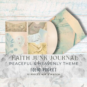 Op de afbeelding: Een set van 12 decoratieve papieren zakjes voor junk journaling. De zakjes zijn in een lichtblauw en crème kleurenschema met een bloemen- en vogelontwerp. De tekst "Have faith" en "Trust God" is zichtbaar op de zakjes. De zakjes zijn gelabeld met "Faith Junk Journal, Peaceful & Heavenly Theme, Folio Pocket, 12 Pieces Mix & Match".