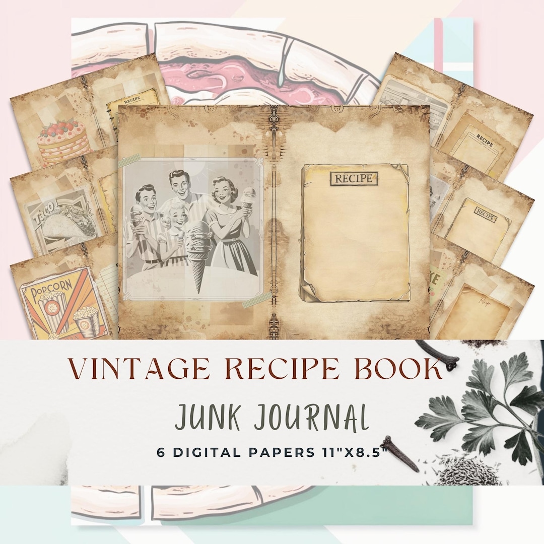Vintage Recipe Book Junk Journal Pages, Printable Retro Cookbook ...