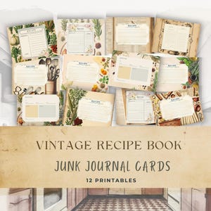 Vintage Recipe Book Junk Journal Cards | Retro Kitchen Recipe Card | Scrapbook Ephemera & Vintage Cookbook Printable | Unique Recipe Journal