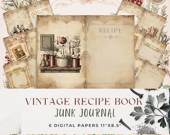 Vintage Rezeptbuch Junk Journal Seiten | Druckbares Rezept Digitales Kit | Rustikales Kochbuch Scrapbook Ephemera zum Basteln