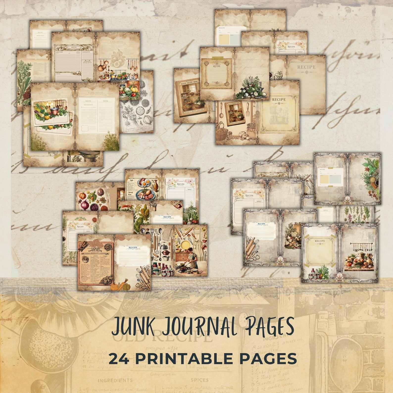 Vintage Recipe Book Junk Journal Kit – 116 Printable Pages for ...