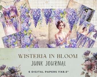 Elegant Wisteria in Bloom Junk Journal Pages Printable | Vintage-Inspired Purple Floral Ephemera | Watercolor Digital Scrapbooking Kit