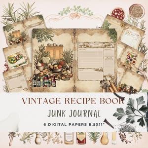 Vintage Recipe Book Junk Journal Pages, Printable Recipe Templates, Digital Kitchen Scrapbook, 6 Vintage Ephemera Recipe Sheets