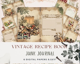 Páginas de diario basura de libros de recetas antiguas, plantillas de recetas imprimibles, álbum de recortes de cocina digital, 6 hojas de recetas efímeras antiguas