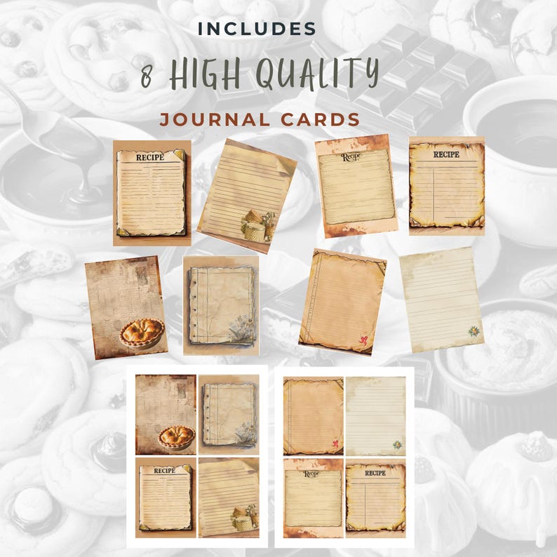 May include: Eight printable recipe journal cards with a vintage aesthetic. The cards feature a variety of designs, including lined paper, blank pages, and pages with a pie illustration. The text "INCLUDES 8 HIGH QUALITY JOURNAL CARDS" is at the top of the image.